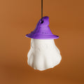 Happy ghost hanging lamp with purple witch hat, unlit