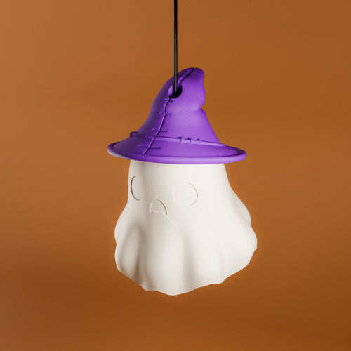 Happy ghost hanging lamp with purple witch hat, unlit