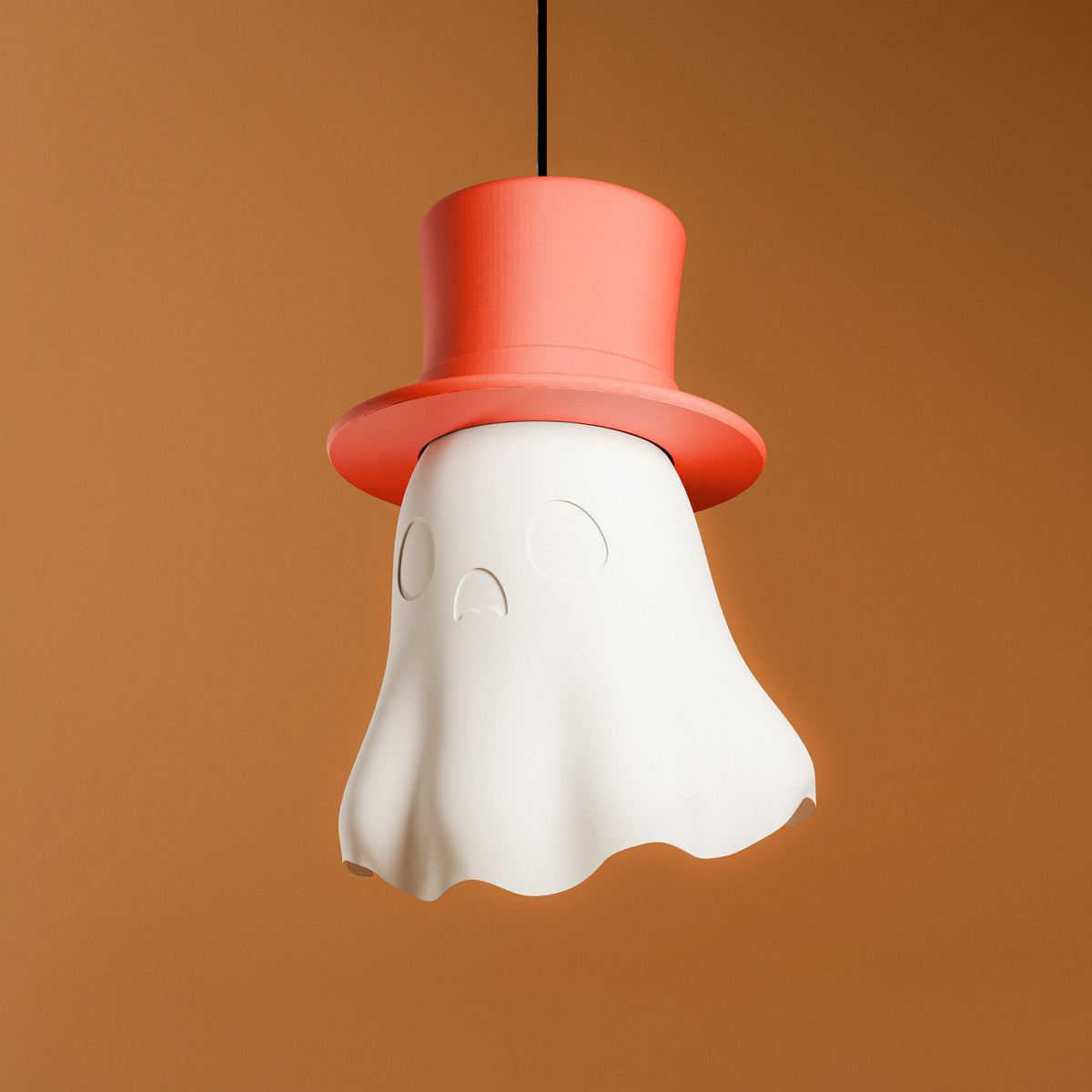 Happy ghost hanging lamp with orange top hat, unlit