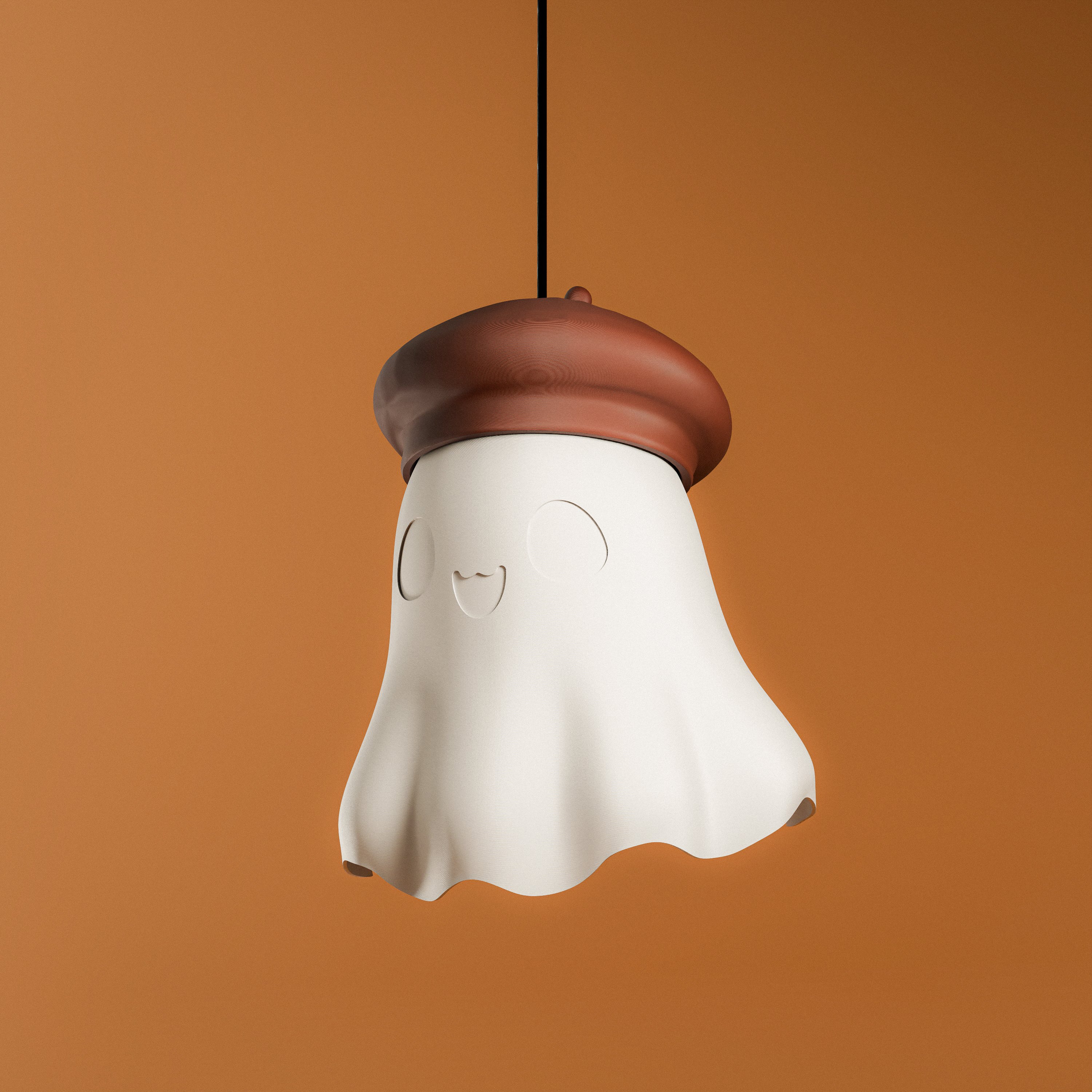 Happy ghost hanging lamp with brown beret, unlit