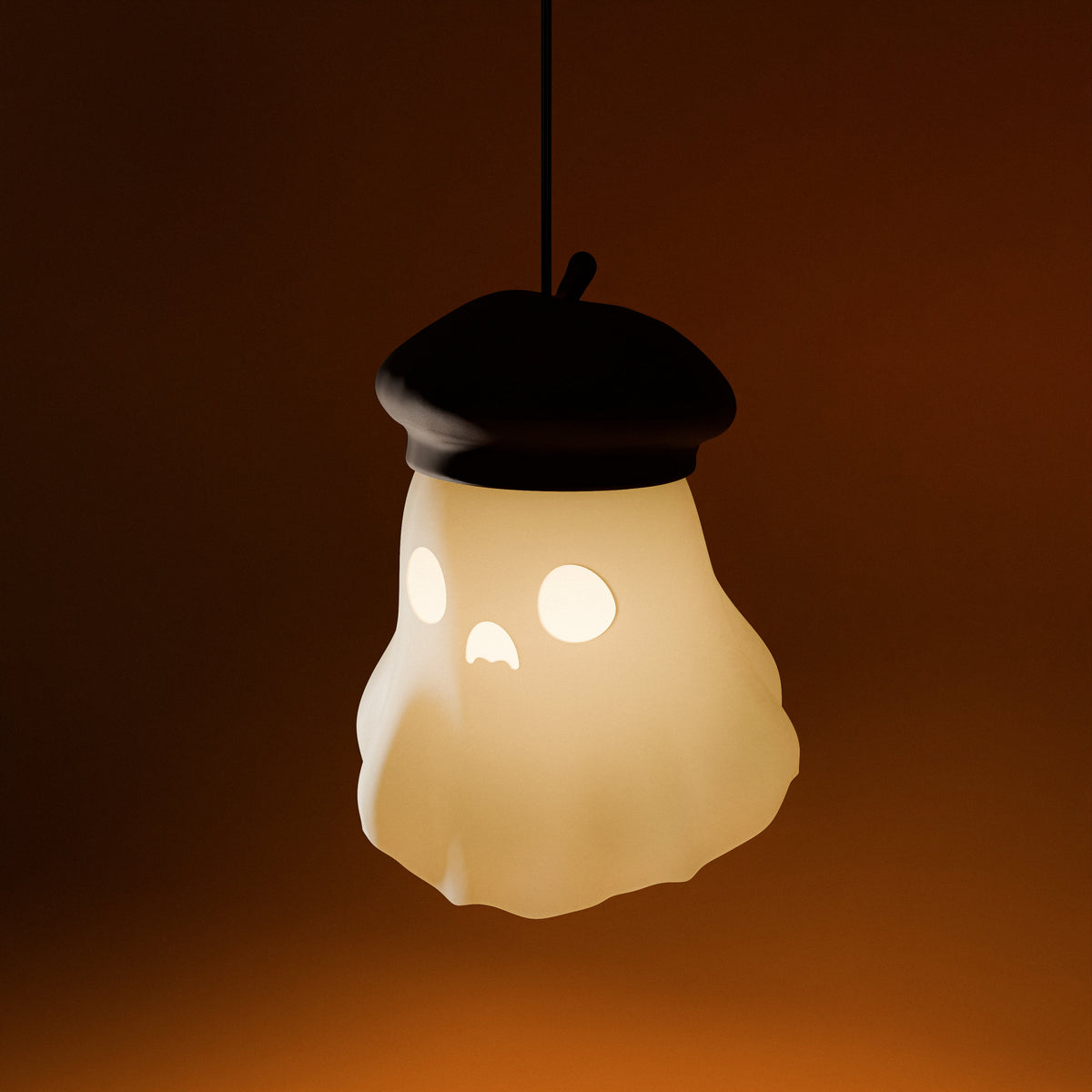 Spooky ghost hanging lamp with black beret, lit and glowing