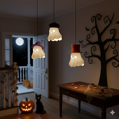 Ghost hanging lamps in Halloween entryway lifestyle scene