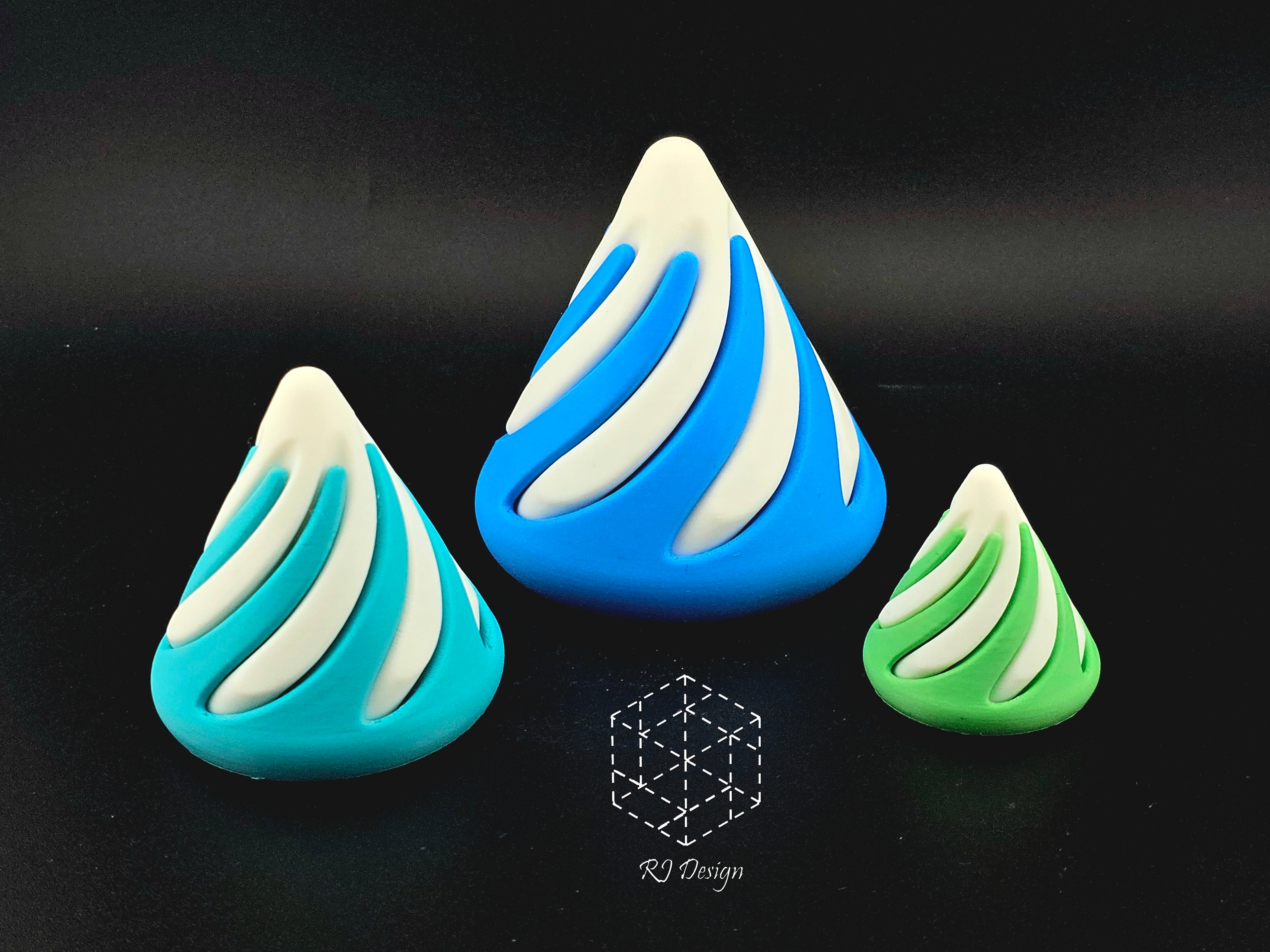Swirl Point Cone in three sizes: Small (green), Medium (turquoise), and Large (blue)